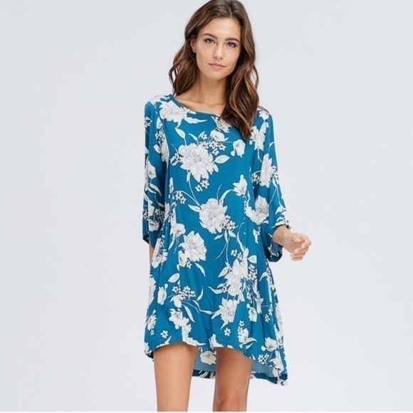 Crescent “Camila” Teal Floral Babydoll Swing Tunic Dress - Picture 1 of 8
